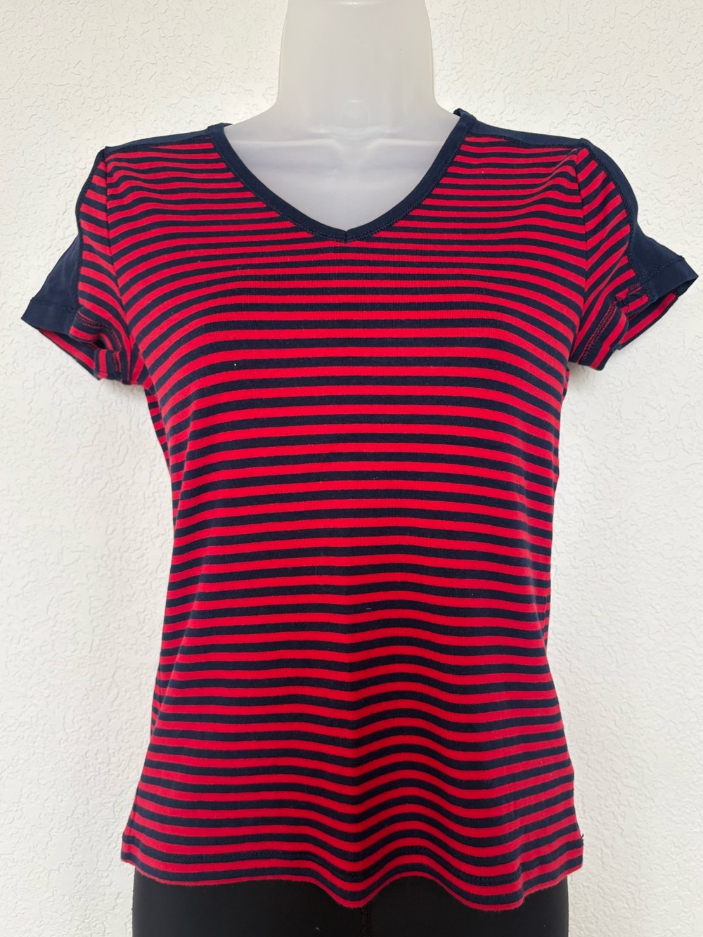 Chaps Red and Navy Striped V-Neck Tee